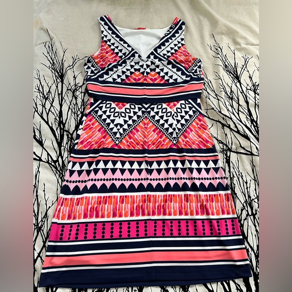 Eliza J popover shift dress, pink navy geo pattern, sz 8, EUC - Picture 7 of 14